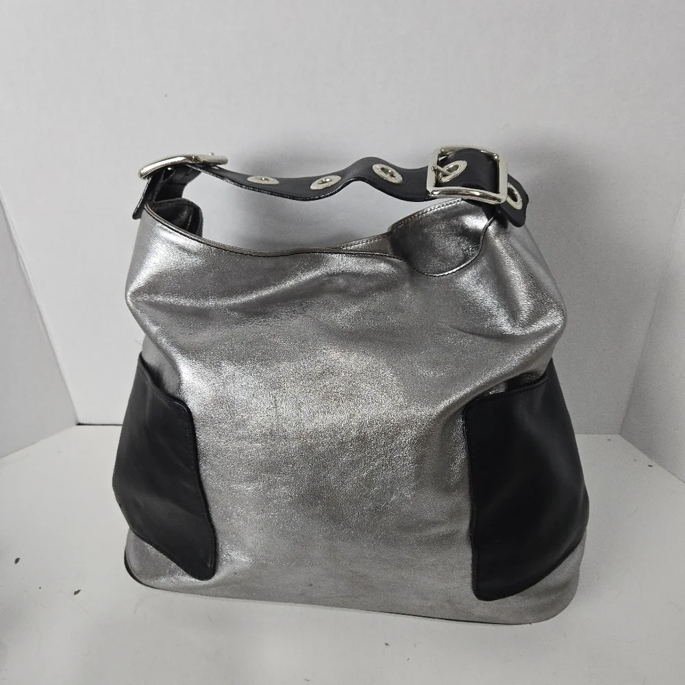 Silver and Black Leather Hobo Bag Purse